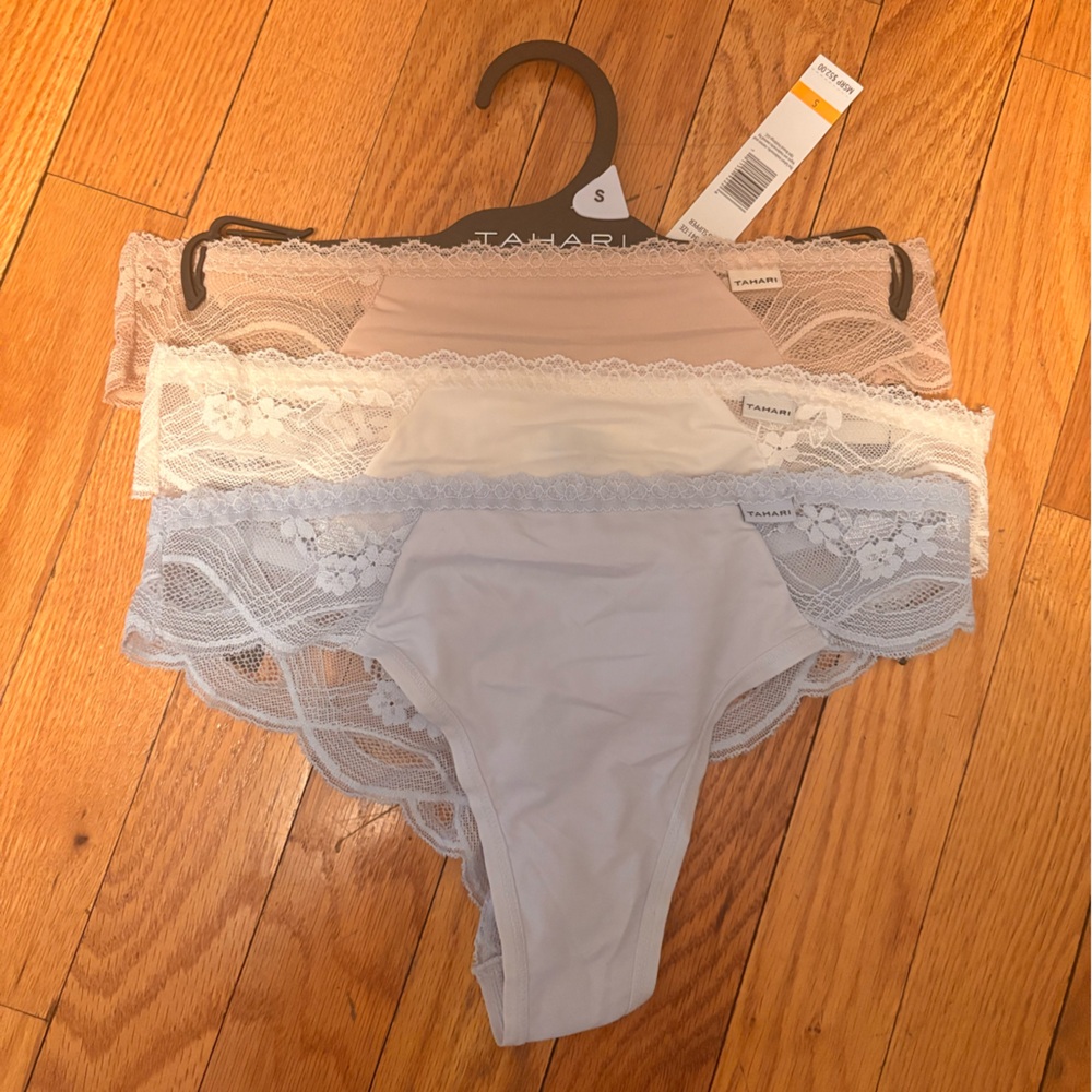 NWT Tahari Lace Trim Thong Panties - Gray, White, Blush